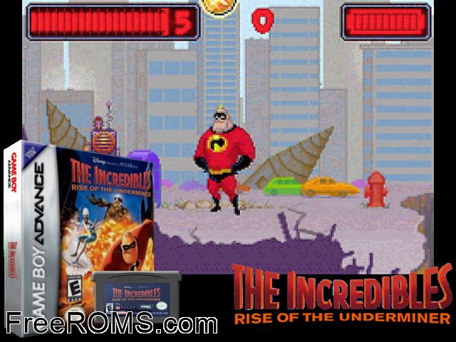 Incredibles, The - Rise Of The Underminer Gameboy Advance game showing 3D box cover and gameplay screenshot