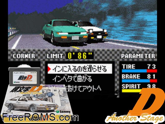 Initial D - Another Stage (Japan) Gameboy Advance game showing 3D box cover and gameplay screenshot
