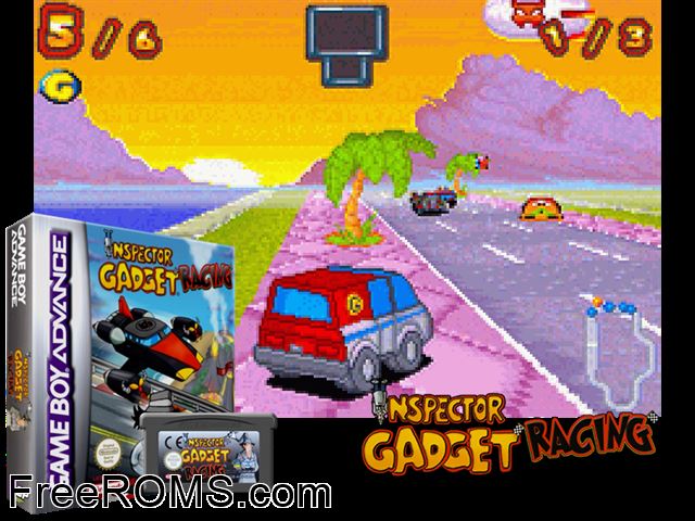 Inspector Gadget Racing Gameboy Advance game showing 3D box cover and gameplay screenshot