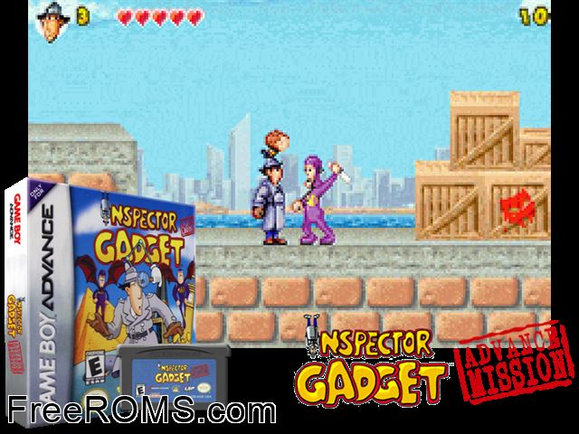 Inspector Gadget - Advance Mission Gameboy Advance game showing 3D box cover and gameplay screenshot
