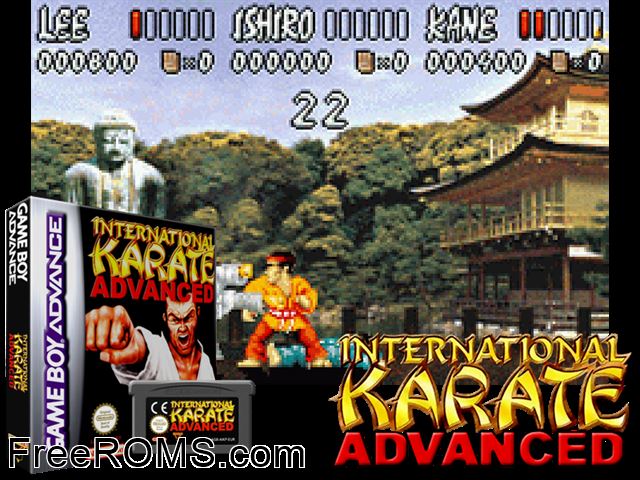 International Karate Advanced Gameboy Advance game showing 3D box cover and gameplay screenshot