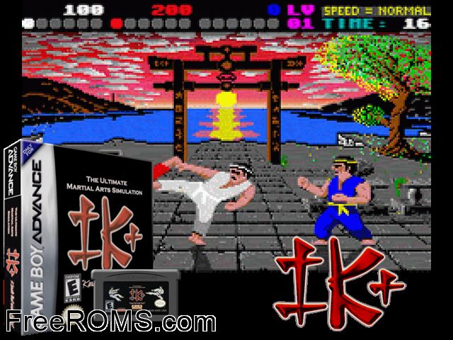 International Karate Plus Gameboy Advance game showing 3D box cover and gameplay screenshot