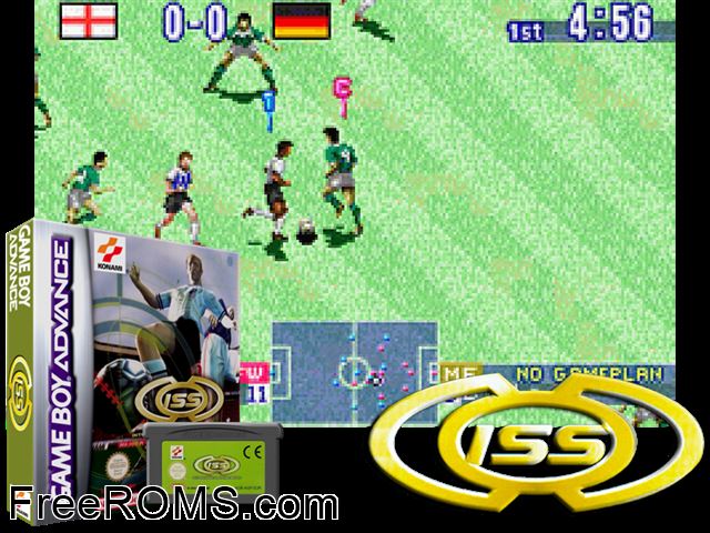 International Superstar Soccer Gameboy Advance game showing 3D box cover and gameplay screenshot