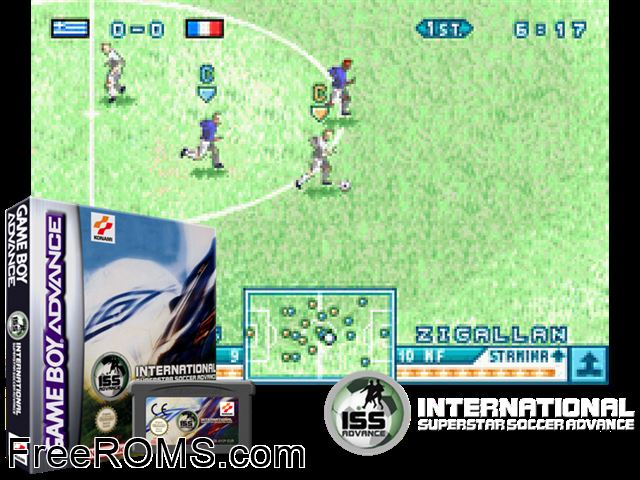 International Superstar Soccer Advance Gameboy Advance game showing 3D box cover and gameplay screenshot