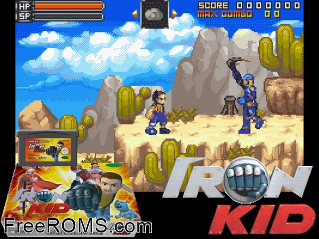 Iron Kid Gameboy Advance game showing 3D box cover and gameplay screenshot