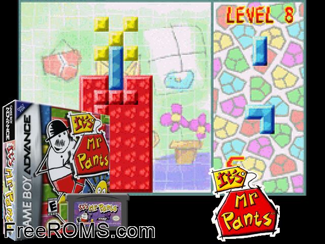 It's Mr. Pants Gameboy Advance game showing 3D box cover and gameplay screenshot