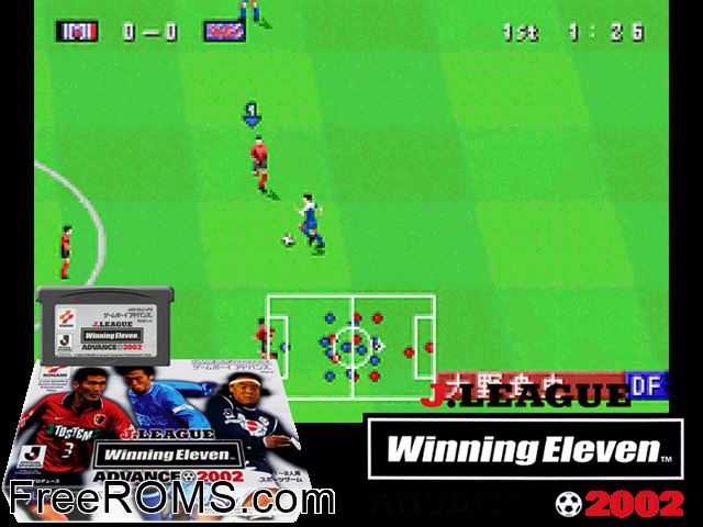 J.League Winning Eleven Advance 2002 (Japan) Gameboy Advance game showing 3D box cover and gameplay screenshot