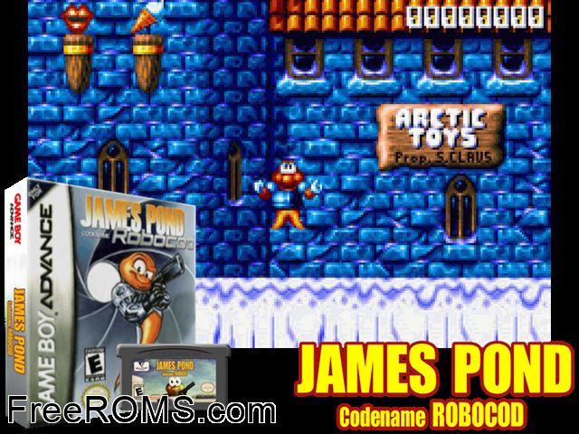 James Pond - Codename Robocod Gameboy Advance game showing 3D box cover and gameplay screenshot