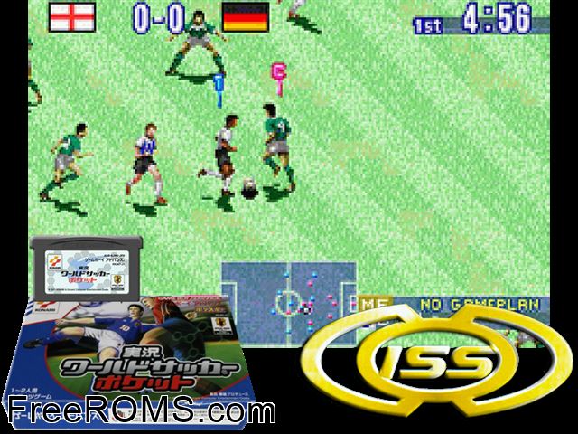 Jikkyou World Soccer Pocket (Japan) Gameboy Advance game showing 3D box cover and gameplay screenshot