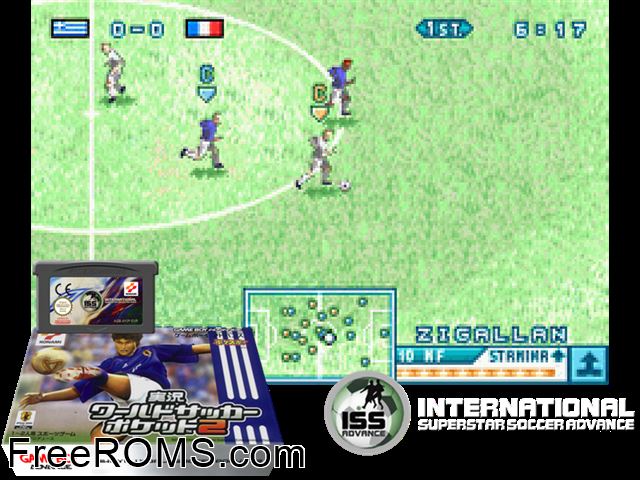 Jikkyou World Soccer Pocket 2 (Japan) Gameboy Advance game showing 3D box cover and gameplay screenshot