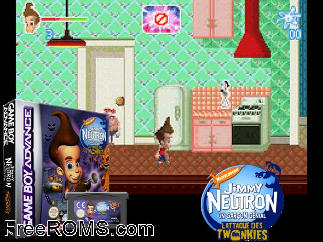 Jimmy Neutron - Attaque Des Twonkies (France) Gameboy Advance game showing 3D box cover and gameplay screenshot