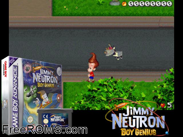Jimmy Neutron - Boy Genius Gameboy Advance game showing 3D box cover and gameplay screenshot