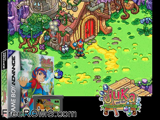 Juka And The Monophonic Menace Gameboy Advance game showing 3D box cover and gameplay screenshot