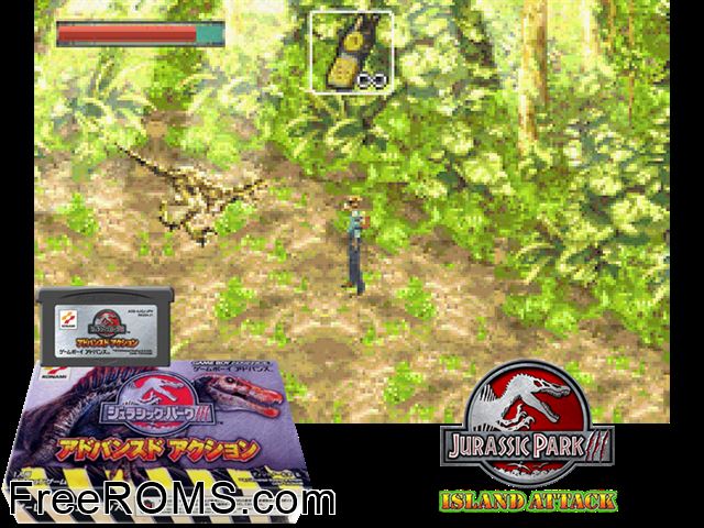 Jurassic Park III - Advanced Action (Japan) Gameboy Advance game showing 3D box cover and gameplay screenshot