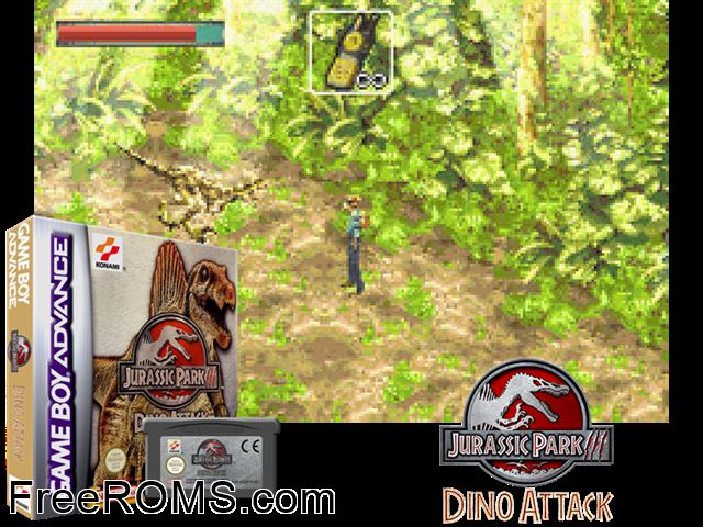 Jurassic Park III - Dino Attack Gameboy Advance game showing 3D box cover and gameplay screenshot