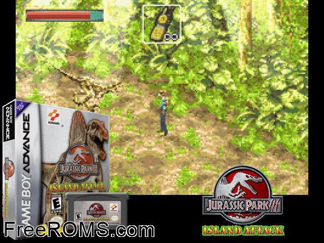 Jurassic Park III - Island Attack Gameboy Advance game showing 3D box cover and gameplay screenshot