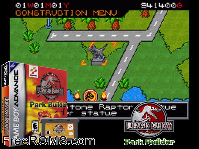 Jurassic Park III - Park Builder Gameboy Advance game showing 3D box cover and gameplay screenshot