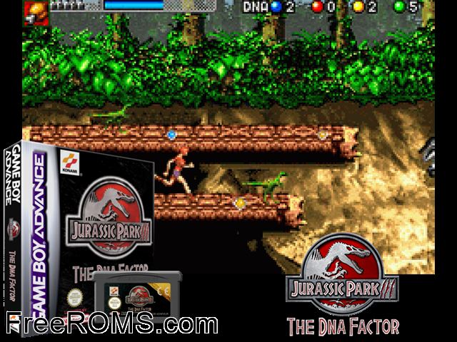 Jurassic Park III - The Dna Factor Gameboy Advance game showing 3D box cover and gameplay screenshot