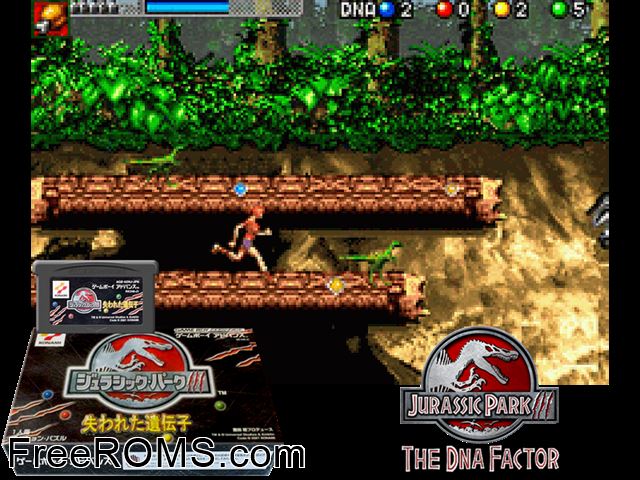 Jurassic Park III - Ushinawareta Idenshi (Japan) Gameboy Advance game showing 3D box cover and gameplay screenshot