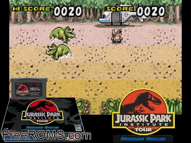 Jurassic Park Institute Tour - Dinosaur Rescue (Japan) Gameboy Advance game showing 3D box cover and gameplay screenshot