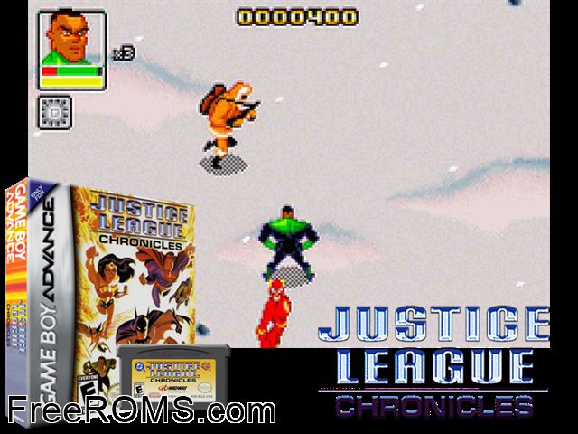Justice League Chronicles Gameboy Advance game showing 3D box cover and gameplay screenshot