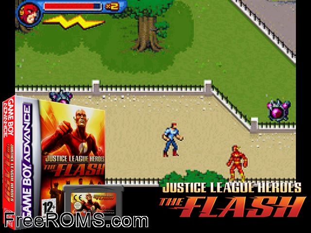 Justice League Heroes - The Flash Gameboy Advance game showing 3D box cover and gameplay screenshot