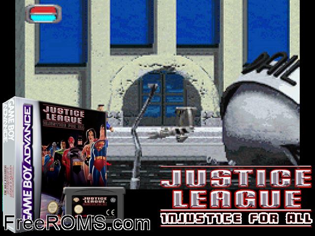 Justice League - Injustice For All Gameboy Advance game showing 3D box cover and gameplay screenshot