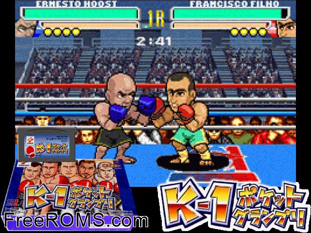 K-1 Pocket Grand Prix (Japan) Gameboy Advance game showing 3D box cover and gameplay screenshot