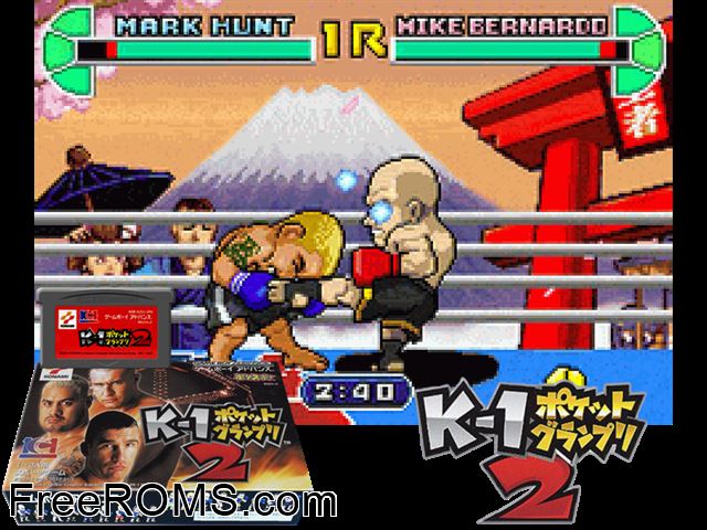 K-1 Pocket Grand Prix 2 (Japan) Gameboy Advance game showing 3D box cover and gameplay screenshot