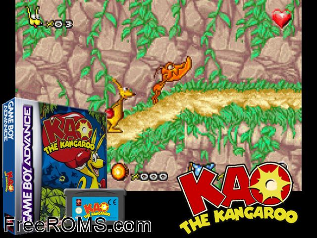 Kao The Kangaroo Gameboy Advance game showing 3D box cover and gameplay screenshot