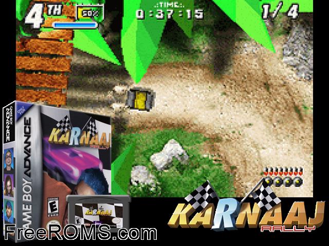Karnaaj Rally Gameboy Advance game showing 3D box cover and gameplay screenshot