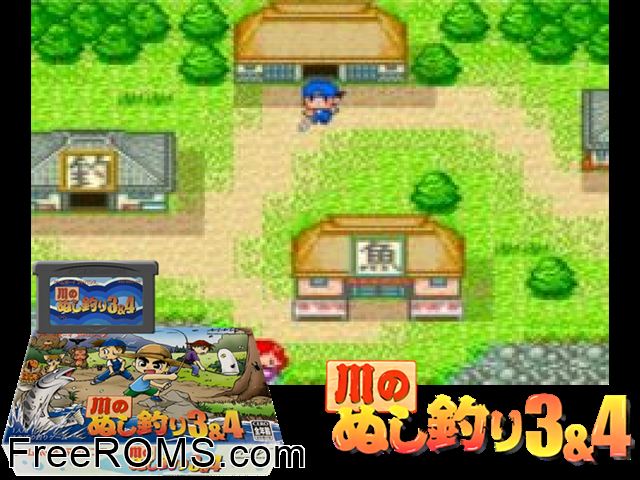 Kawa No Nushi Tsuri 3 And 4 (Japan) Gameboy Advance game showing 3D box cover and gameplay screenshot