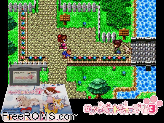 Kawaii Pet Shop Monogatari 3 (Japan) Gameboy Advance game showing 3D box cover and gameplay screenshot