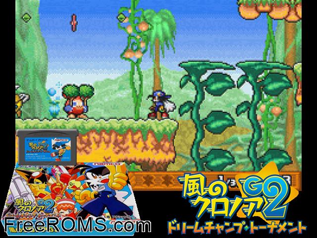 Kaze No Klonoa G2 - Dream Champ Tournament (Japan) Gameboy Advance game showing 3D box cover and gameplay screenshot
