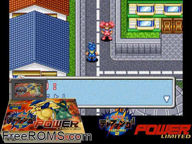 Keitai Denjuu Telefang 2 - Power (Japan) Gameboy Advance game showing 3D box cover and gameplay screenshot