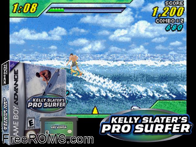 Kelly Slater's Pro Surfer Gameboy Advance game showing 3D box cover and gameplay screenshot