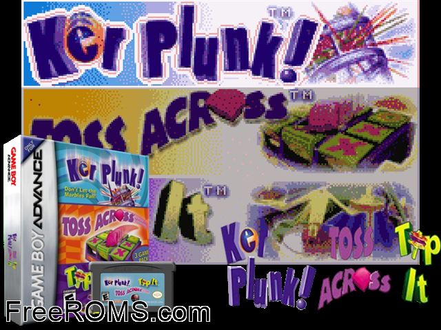 Ker Plunk Toss Across Tip It Gameboy Advance game showing 3D box cover and gameplay screenshot