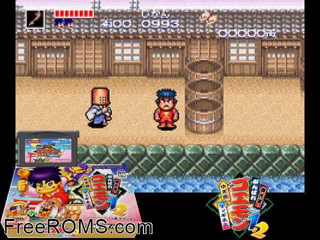 Kessakusen! Ganbare Goemon 1+2 (Japan) Gameboy Advance game showing 3D box cover and gameplay screenshot