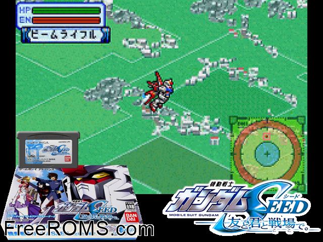 Kidou Senshi Gundam Seed - Tomo To Kimi To Koko De. (Japan) Gameboy Advance game showing 3D box cover and gameplay screenshot