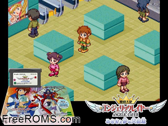 Kidou Tenshi Angelic Layer - Misaki To Yume No Tenshi-Tachi (Japan) Gameboy Advance game showing 3D box cover and gameplay screenshot
