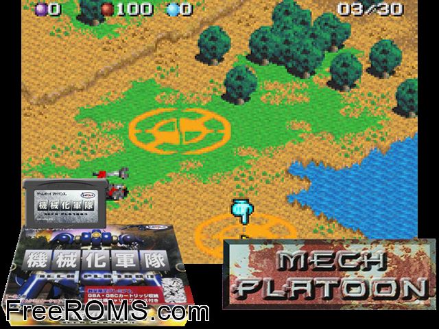 Kikaika Guntai - Mech Platoon (Japan) Gameboy Advance game showing 3D box cover and gameplay screenshot