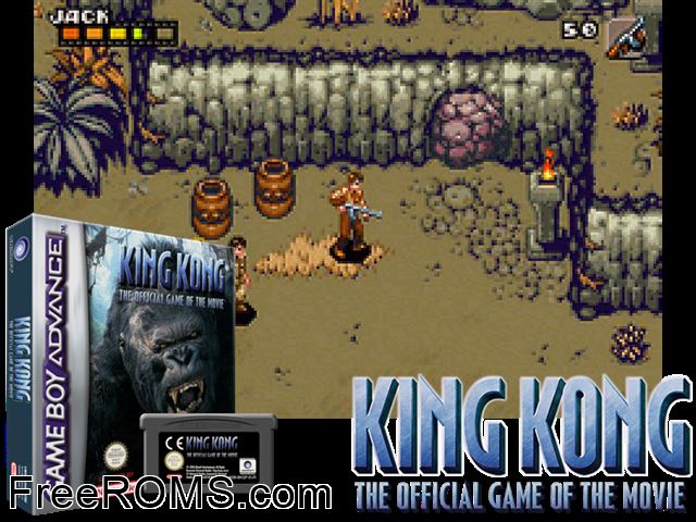 King Kong - The Official Game Of The Movie Gameboy Advance game showing 3D box cover and gameplay screenshot