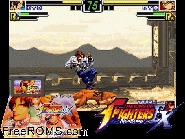 King Of Fighters Ex, The - Neoblood (Japan) Gameboy Advance game showing 3D box cover and gameplay screenshot