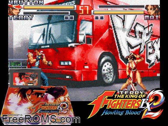 King Of Fighters Ex2, The - Howling Blood (Japan) (V1.1) Gameboy Advance game showing 3D box cover and gameplay screenshot
