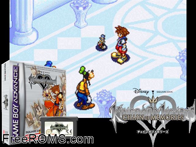 Kingdom Hearts - Chain Of Memories Gameboy Advance game showing 3D box cover and gameplay screenshot