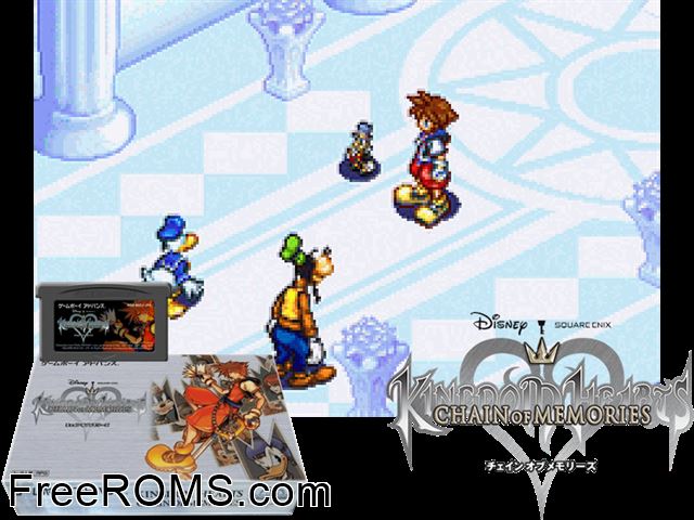 Kingdom Hearts - Chain Of Memories (Japan) Gameboy Advance game showing 3D box cover and gameplay screenshot