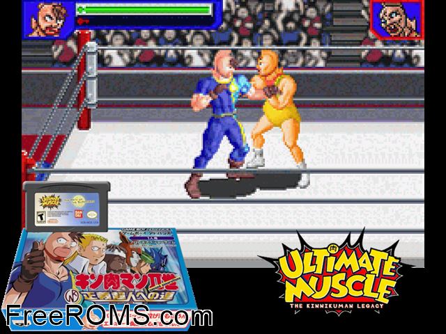 Kinnikuman IIsei - Seigi Choujin Heno Michi (Japan) Gameboy Advance game showing 3D box cover and gameplay screenshot