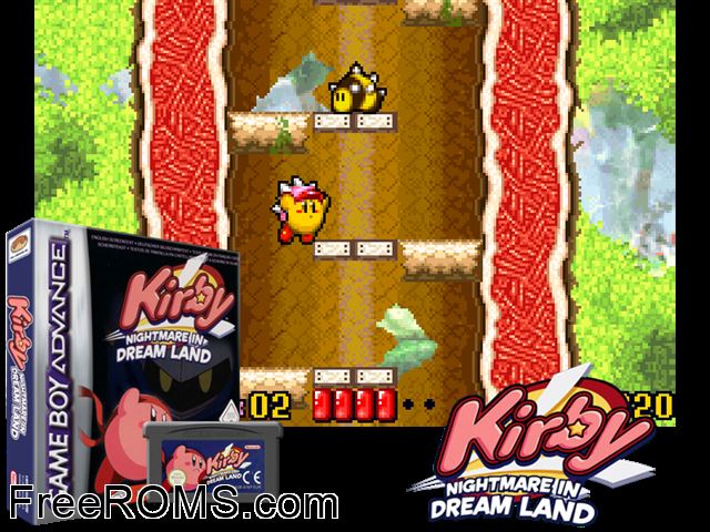 Kirby Nightmare In Dream Land Gameboy Advance game showing 3D box cover and gameplay screenshot