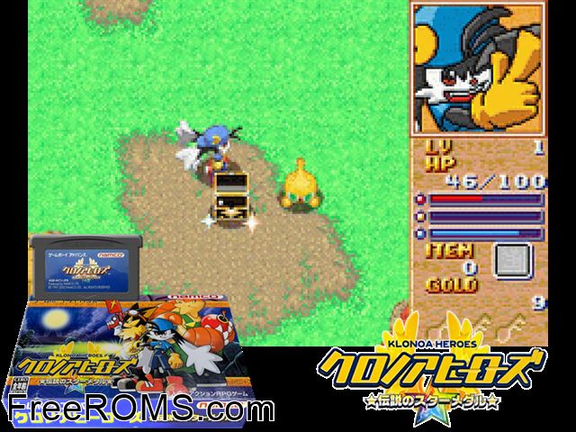 Klonoa Heroes - Densetsu No Star Medal (Japan) Gameboy Advance game showing 3D box cover and gameplay screenshot