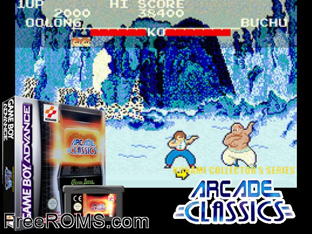 Konami Collector's Series - Arcade Classics Gameboy Advance game showing 3D box cover and gameplay screenshot